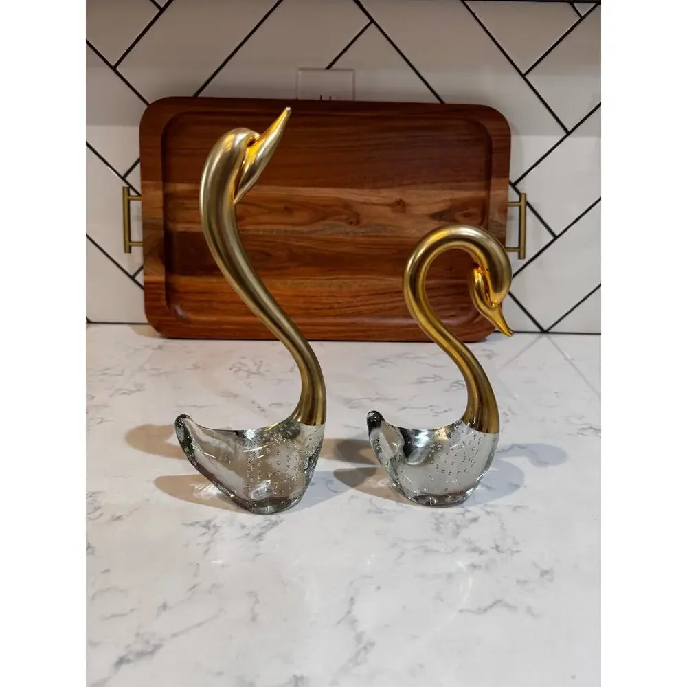 vintage Penco Mid Century Modern brass glass swan figurines bubble-glass base